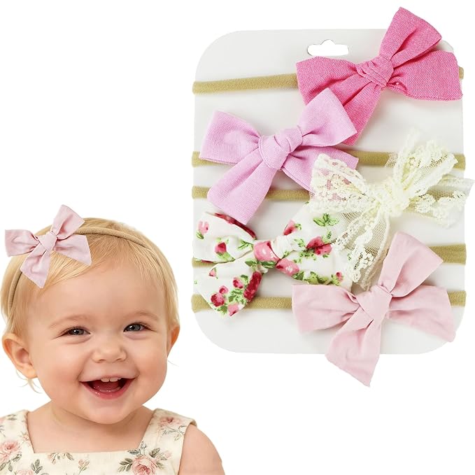 Baby Bow Headband Nylon Hairbands Stretchy Baby Hairbands Hair Accessories for Newborn Infant Toddlers Kids (5, Pink)
