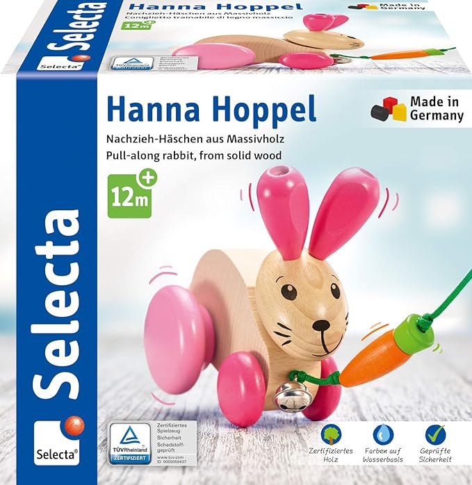 Selecta 62023 Hannah Hoppel Rabbit Pulling Toy on Wheels, Wood, 13 cm