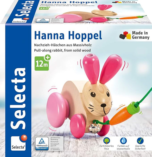 Selecta 62023 Hannah Hoppel Rabbit Pulling Toy on Wheels, Wood, 13 cm