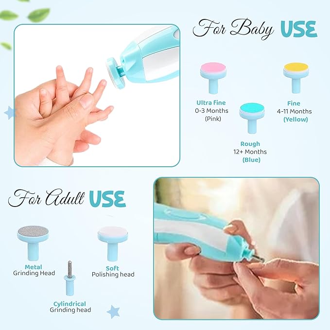 6 in 1 Baby Nail Clippers & File Kit - Nail Trimmer Electric with LED Light & 6 Replaceable Grinding Heads for Safe & Easy Finger & Toe Nail Care & Polish of Babies, Infants, Toddlers, Kids & Newborn