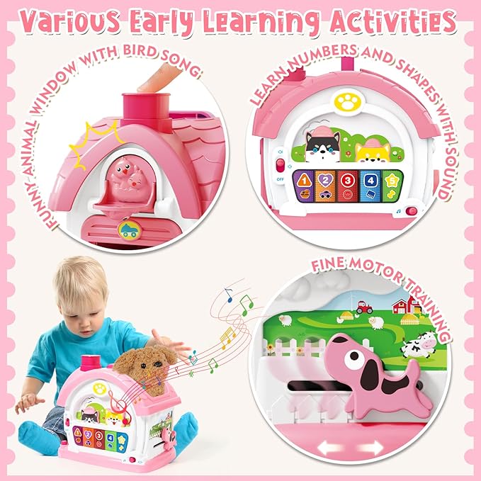 Montessori Toddler Toys for 1 Year Old Girl Gifts, Pretend Play Puppy Toy Music Learning House with Car for Toddlers 1-3, 1st First Birthday Gifts for Girls and Boys Baby Toy 6-12 12-18 6-24 Months
