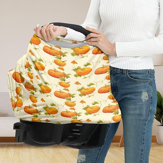 AFPANQZ Pumpkin Car Seat Covers for Babies Stretchy Lightweight Soft Nursing Cover Breastfeeding Shield Carseat High Chairs Gender Neutral Shopping Carts Infant Baby Beanie and Bags