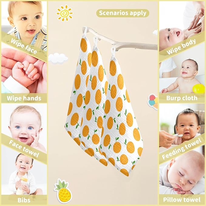 vvfelixl Baby Washcloths Cotton Cartoon Oranges Baby Muslin Washcloths Soft Baby Face Towel for Newborn Infants Baby Wipes, 11.8 X 11.8 Inch, 3 Pack White
