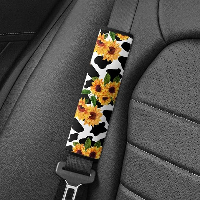 ENLACHIC Kids Car Seat Belt Cover, Cute Cartoon Animal Print Baby Car Seat Strap Pads Infant Car Seat Protector Car Accessories Universal All Cars,Sunflower Cow Print