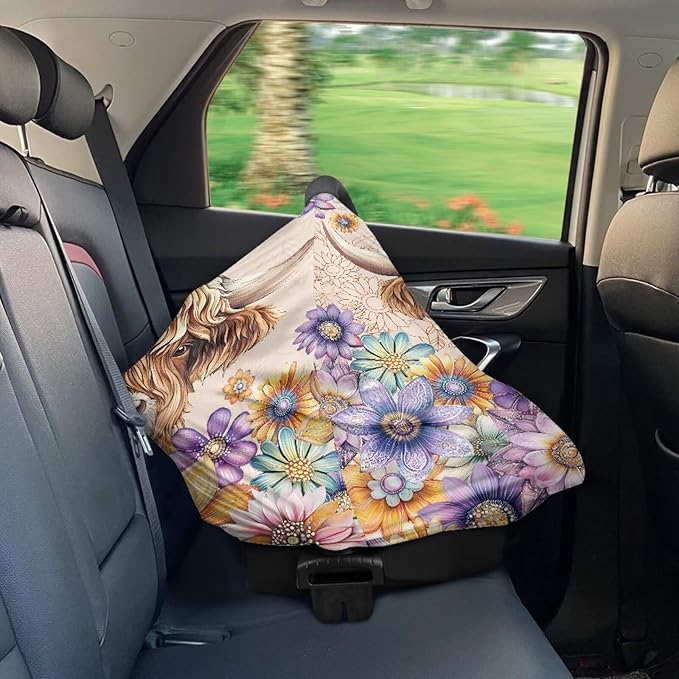 Highland Cow Carseat Cover for Babies, Dahlia Floral Breathable Infant Carseat Cover for Baby Girl Carrier Cover, Shopping Cart Cover for Baby