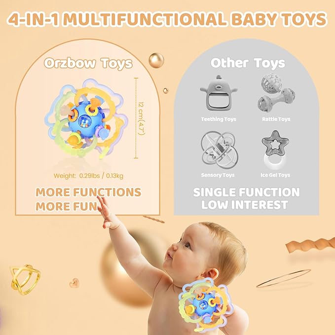 Baby Sensory Teething Toys, Baby Montessori Teether Toys for 0 3 6 9 12 18 Months, Silicone Tummy Time Toy with Rattle Ball for Newborn Infant, Learning Delopmental Gift for Boys Girls, Blue
