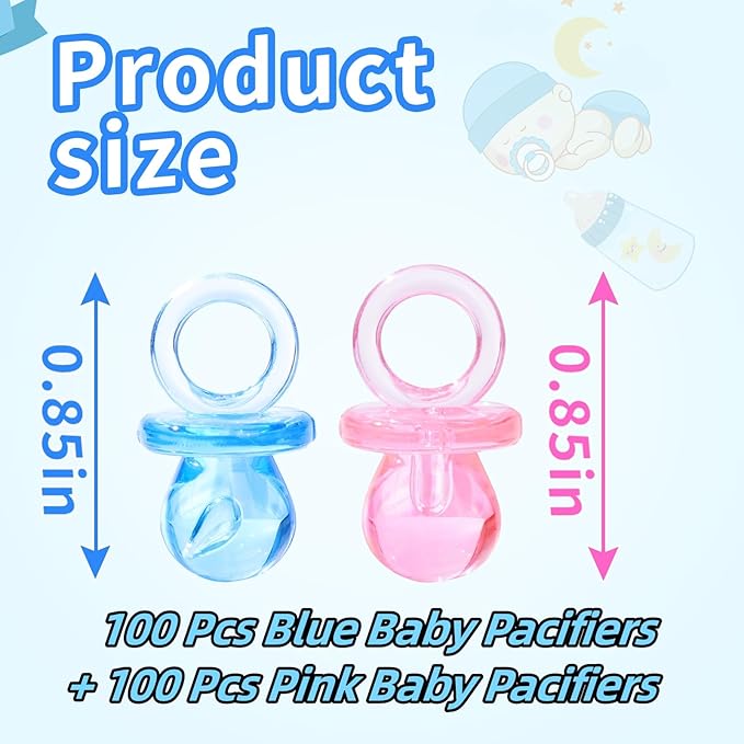 200 Pieces 0.86 Inch Baby Pacifier Baby Shower Plastic Pacifier for Baby Shower Pacifier, Baby Shower Gender Show Party Decoration DIY Birthday Party Gift (Pink 100Pcs + Blue100Pcs)