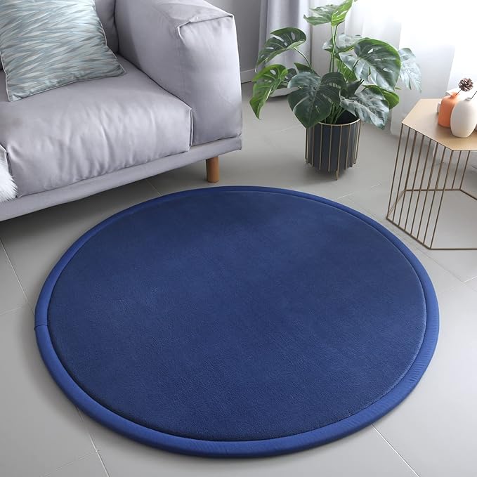 Loartee Thick Kids Round Rug - Coral Velvet Area Rugs, Memory Foam Circular Carpet for Nursery Playroom Home Decor Dormitory, Diameter 39 inch, Dark Blue