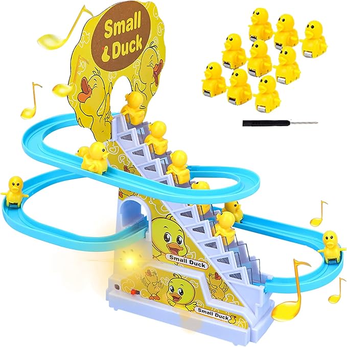 Small Ducks Climbing Toys, Electric Llittle Duck Climbing Stairs Toy,Roller Coaster Toy Set with LED Flashing Lights & Music,Duck Track Slide Toy Gift for Toddlers Kids Age 3