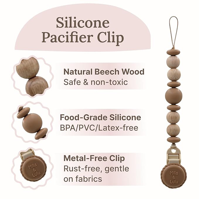 Silicone Pacifier Clip – Metal-Free, Rust-Free, 100% Food-Grade Silicone and Natural Beech Wood, Secure Pacifier Holder for Babies – Hazel - Mila & Lulu
