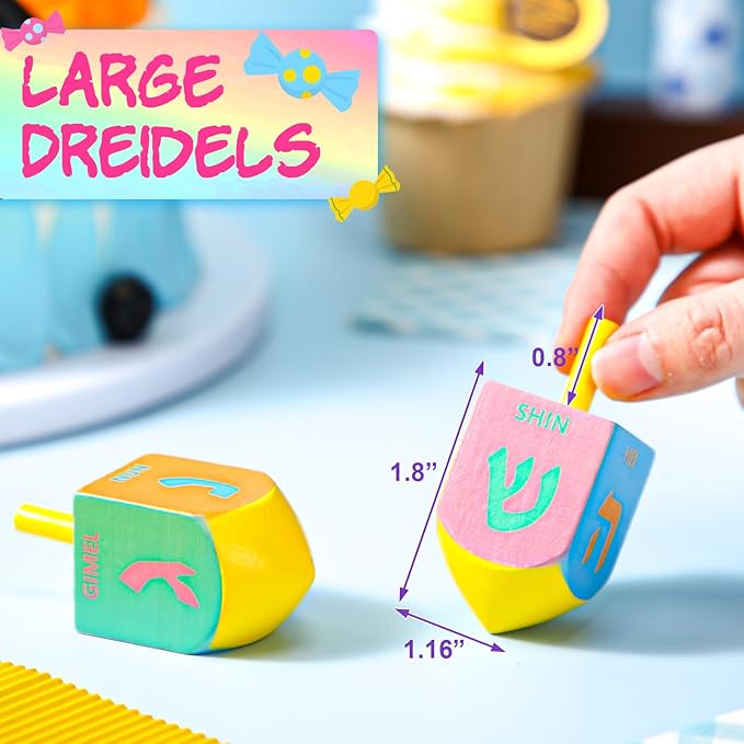 Wonderjune 2 Pcs Hanukkah Dreidels Extra Large Wooden Dreidel for Hanukkah Decoration with English Transliteration, Forever Spinning Tops Party Favors(Fresh)
