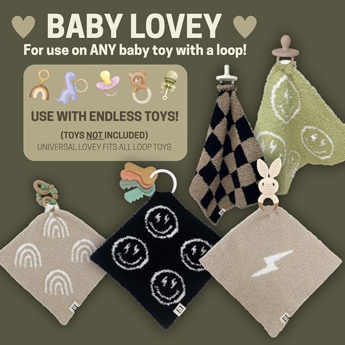 L+L USA Lightning Bolt Baby Lovey Pacifier/Teether Holder 10"x10" - DreamSoft Plush Fluffy Cuddly Soothie Reversible Mini Comfort Blanket - Cute Newborn Gift Essential Babies Boys Girls (Tan/White)