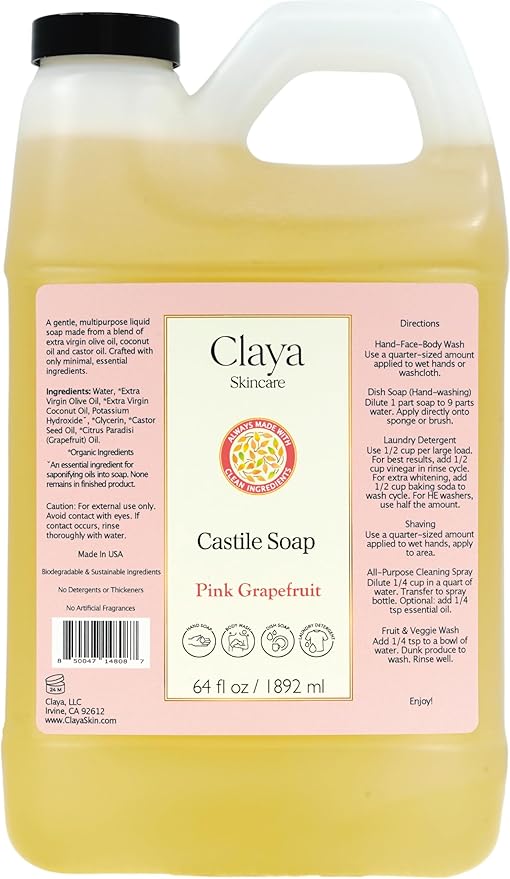 Claya Liquid Castile Soap – Organic Ingredients, Biodegradable, Gentle for Sensitive Skin and Versatile Use (64 fl oz, Pink Grapefruit)