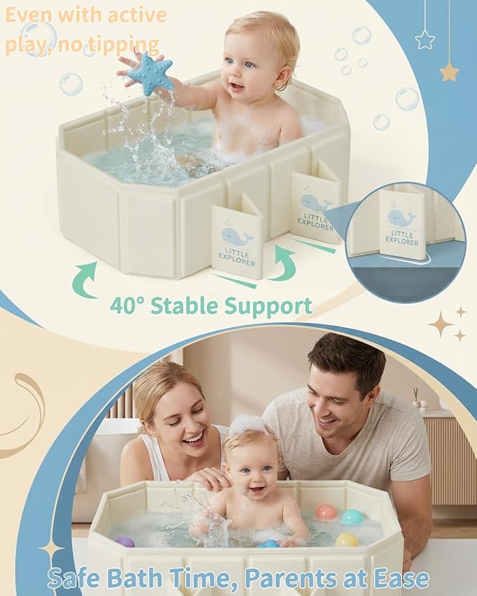 Foldable Baby Bathtub for Ages 0–6, Toddler Bath Tub for Shower, Collapsible Kids Bathtub with 4 Support Legs, Anti-Slip Bottom & Dual Drain Holes, Portable Travel Bath, Easy Storage (Off-White)