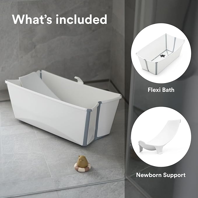 Stokke Flexi Bath Portable Baby Bathtub Bundle with Heat-Sensitive Plug and Newborn Baby Bath Support, White Grey