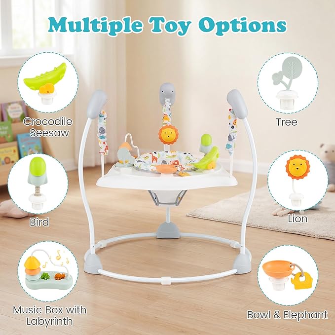 BABY JOY Baby Activity Center, Baby Jumpers and Bouncers with Music, 360° Rotating Seat, 3 Adjustable Heights, Montessori-Inspired Activity Center for Baby 7-15 Months (White)