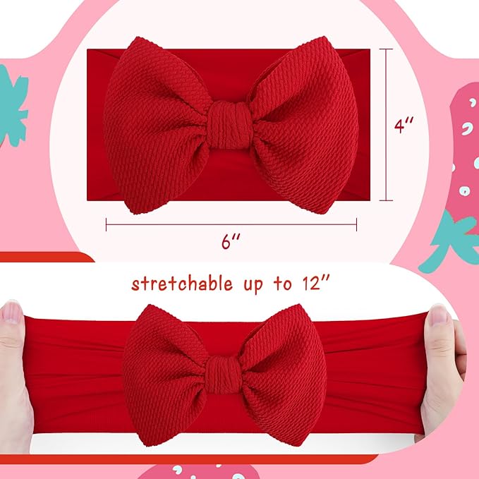 3 Pcs Baby Girl Headbands 6’’ Pink Bows Strawberry Hair Accessories Summer Outfits for Newborn Infant Toddler Girls Clothes