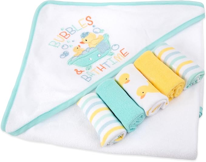 Baby Hooded Bath Towel and Washcloth Set for Babies 6-12 Months (Yellow Duck – Unisex)