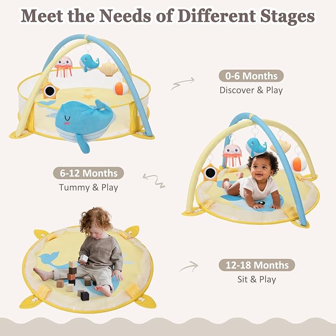 7-in-1 XL Large Baby Play Gym Mat, Tummy Time Mat, Baby Gym & Ball Pit, Baby Activity Mat with Milestone Cards & 6 Detachable Toys for Sensory Motor Skill, Whale