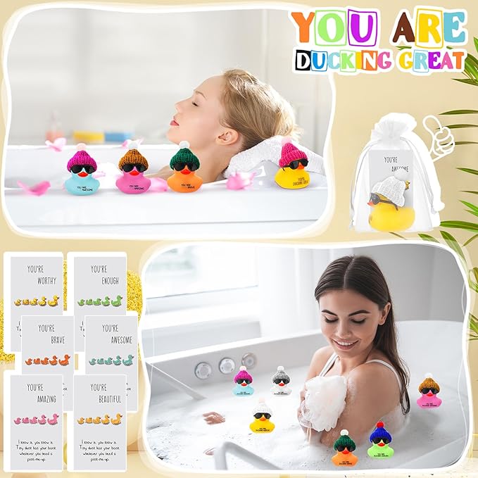 Liliful 2 Inch Rubber Employee Appreciation Gift Ducks Bulk with Hats Glasses You Are Awesome Sign Card for Staff Team Coworker Friends(12 Sets,Colorful)