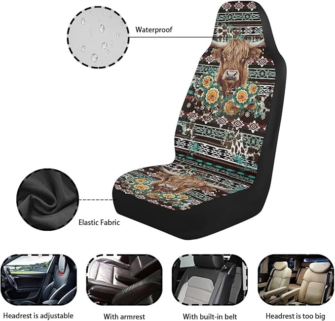 Ethnic Highland Cow Car Seat Covers Waterproof Front Seat Covers Automobile Front Seat Covers Easy to Install Car Interior Automotive Universal Fit Most Cars