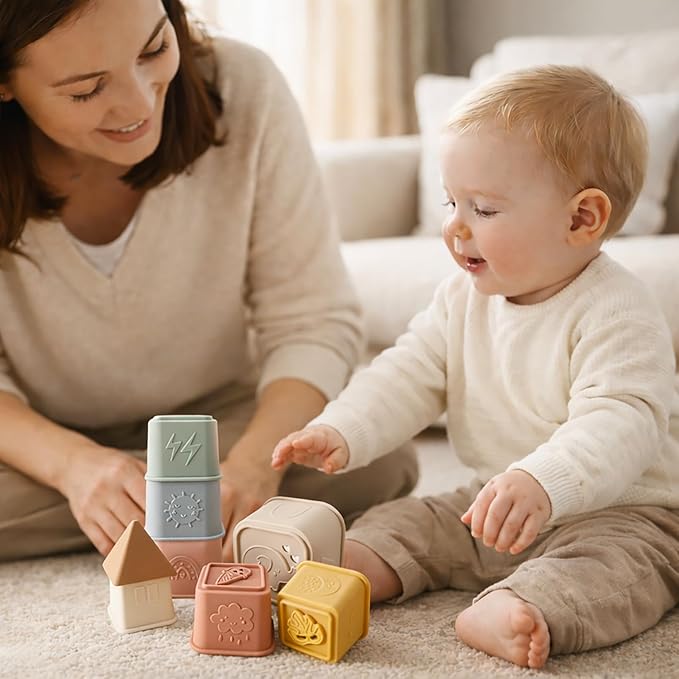 Baby Stacking Cups Toy, Silicone Stacking Tower Educational Baby Toys 6M+, Soft Teething Building Blocks 8 Pcs, BPA Free Sensory Infant Toy, Bath & Beach Toys, Vintage Neutral Colors-Gentle