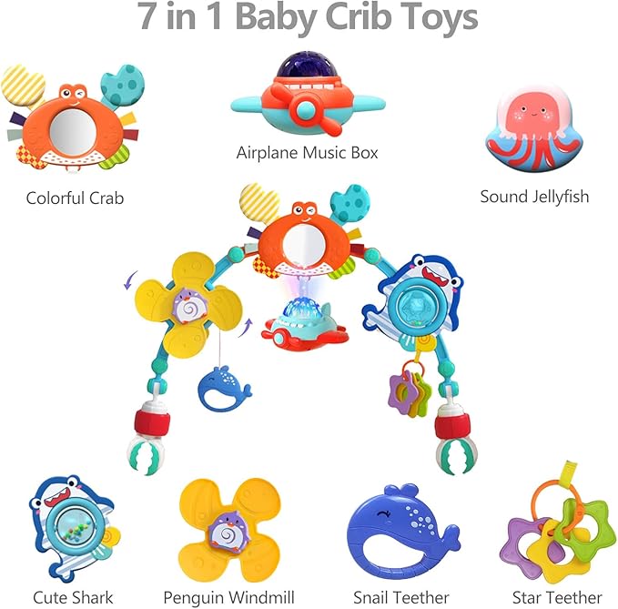 Musical Baby Stroller Arch, Travel Car Seat Toys, Baby Play Arch Crib Accessory, Mobile for Bassinet, Pram Activity Arch Bar for Babies Infants