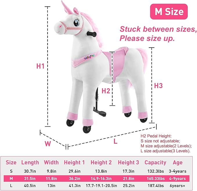 Ride on Horse Unicorn Toy for Kids Riding Horse Pony Rider Mechanical Cycle Walking Action Plush Animal for 4 to 9 Years, No Battery or Electricity,Max Load 165 LBS, Medium Size