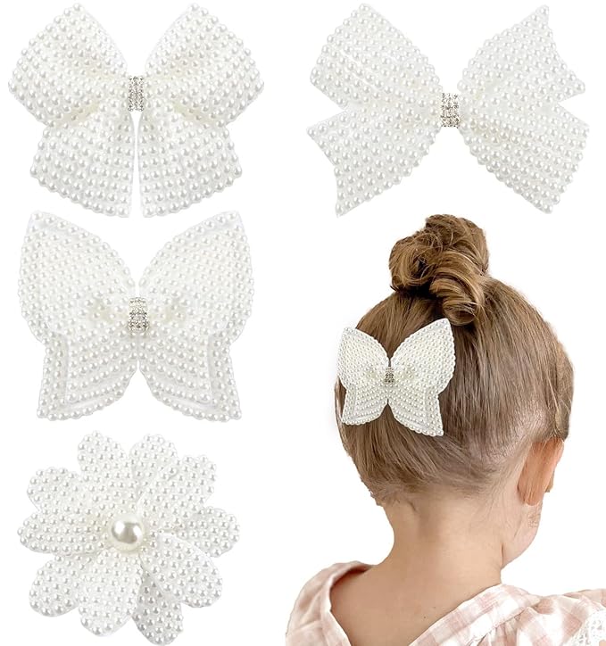 4Pcs Pearl Hair Bows for Girls, White Butterfly Flower Hair Bow Clip Wedding Hair Accessories for Baby Infants Toddlers Kids (Large size)