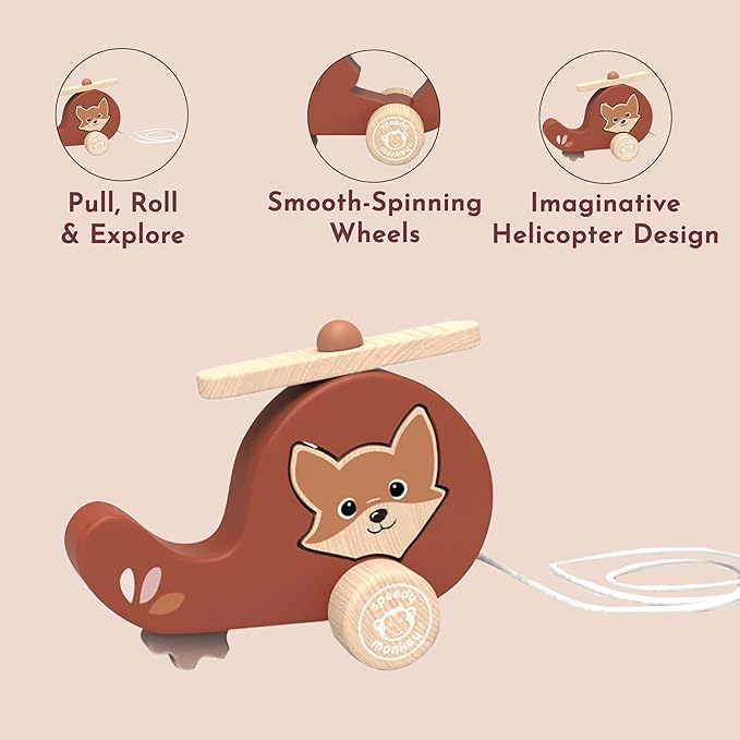 Speedy Monkey Wooden Pull‑Along Helicopter Toy for Toddlers 12m+ | Multicolor Rolling Pull Toy for Kids & Preschoolers | Early Learning Activity Toy – Fine Motor & Gross Motor Skills for Boys & Girls