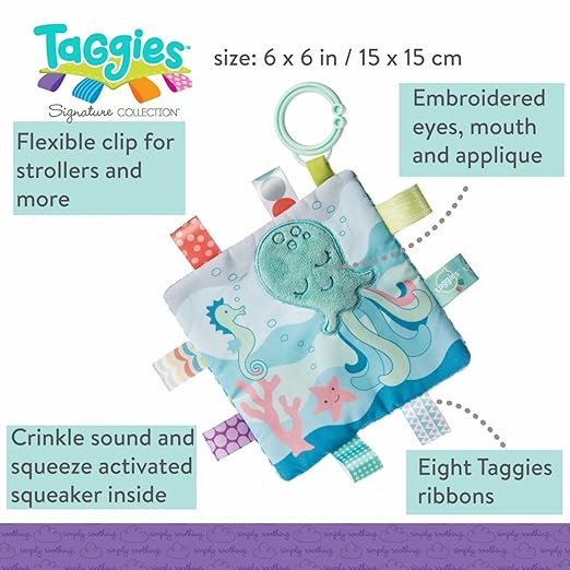 Taggies Crinkle Me Toy with Baby Paper & Squeaker, 6.5 X 6.5-Inches, Sleepy Seas Octopus