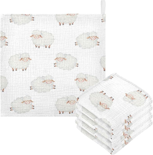 vvfelixl Baby Washcloths Cotton Cute Curly Lamb Muslin Count Sheep Soft Face Towel for Newborn Infants Wipes, 11.8 X 11.8 Inch, 5 Pack White