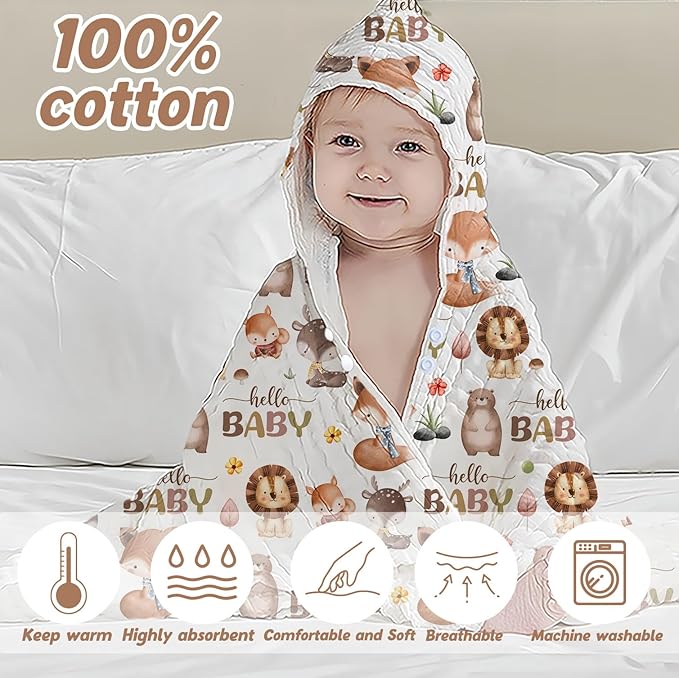 1PCS Wildlife Theme Baby Bath Towels, Hooded Baby Towel for Newborns, Toddler Bath Towel for Boys or Girls, Soft & Absorbent, with 1 Toddler Face Towels 32 * 32IN