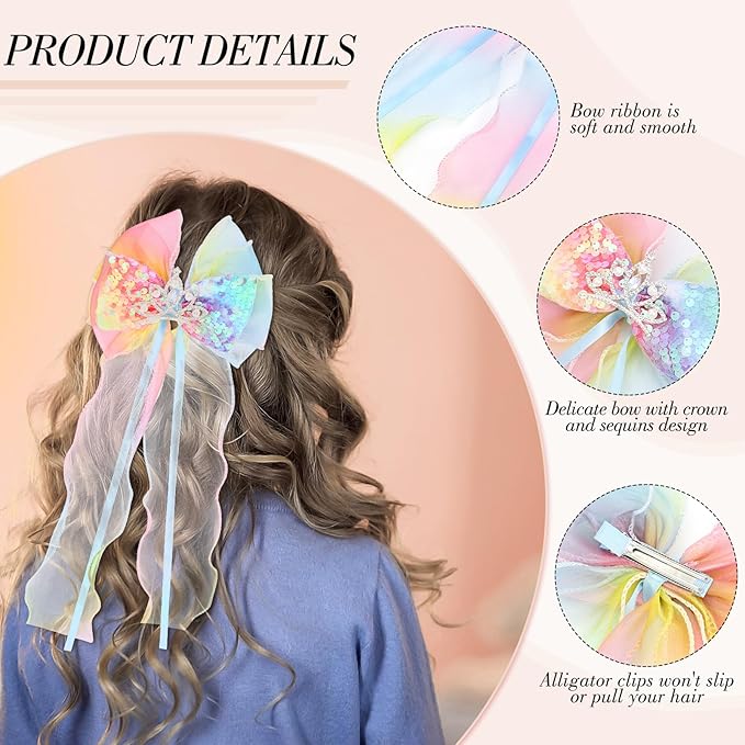 2 Pcs Princess Hair Bows for Girls, Colorful Ribbon Hair Clips Alligator Clips Daughter Valentines Day Gifts