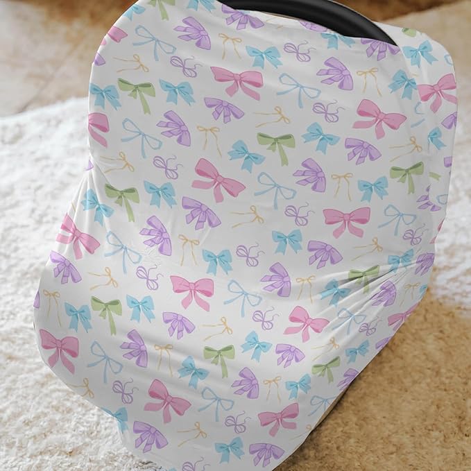 Spring Pastel Bows Baby Car Seat Covers Colorful Rainbow Bows Stretchy 5-in-1 Cover Adjustable Car Canopy Cover Cute Girly Breathable Nursing Cover-Up