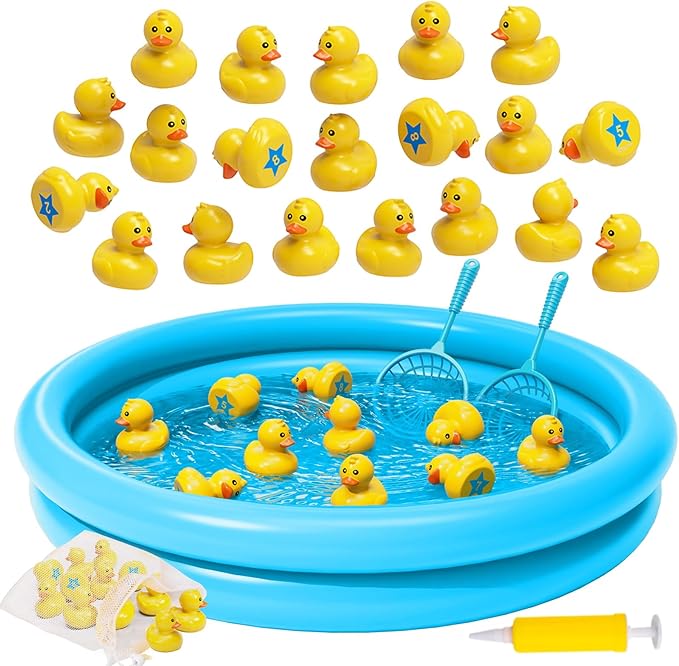 Duck Pond Matching Game Toys for Kids - 20 Plastic Ducks with Numbers,25" x 5" Kiddie Pool | Storage Bag, 2 Nets-Fun Memory Games - Water Outdoor Game for Children,Preschooler, Birthday Party Carnival