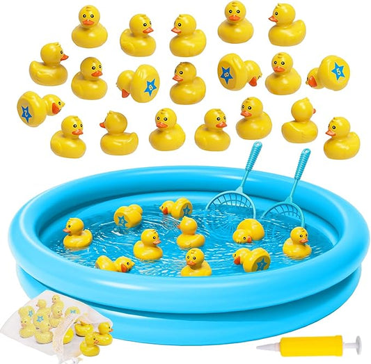 Duck Pond Matching Game Toys for Kids - 20 Plastic Ducks with Numbers,25" x 5" Kiddie Pool | Storage Bag, 2 Nets-Fun Memory Games - Water Outdoor Game for Children,Preschooler, Birthday Party Carnival
