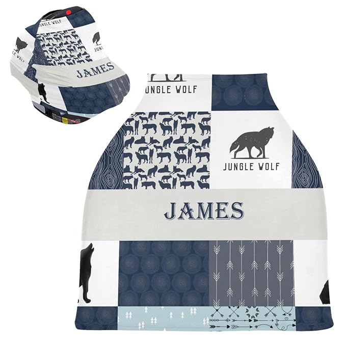 Personalized Woodland Wolf Baby Car Seat Covers for Boys, Custom Name Nursing Cover Breastfeeding Scarf, Multi-Use Carseat Canopy, Infant Stroller Cover, Breathable Carseats Cover