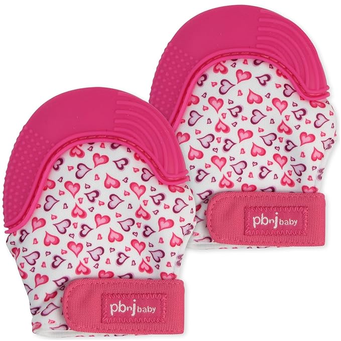 PBnJ Baby, Silicone Teether Glove, Baby Toys 0-6 Months, Mittens for Infants use as Teething Pacifier, Teething Toys 3-6 Months, Teethers for Babies 6-12 Mon, 6 Mo Old Must Haves - Hearts