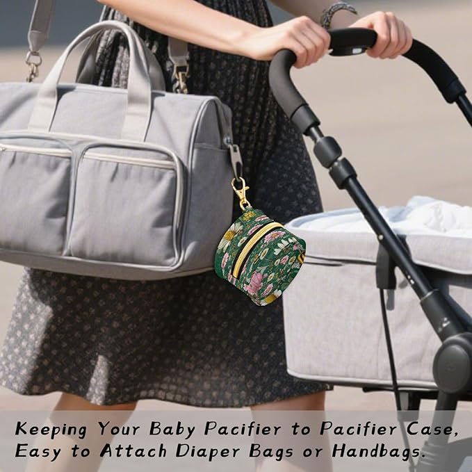 Pacifier Holder with Clip Pacifier Case for Diaper Bag Round Baby Pacifier Pouch Box Bag Portable Dark Green Bees and Flowers