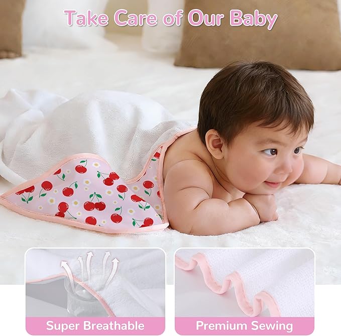 Viviland 6 Pcs Hooded Baby Towels and Washcloths Set, Super Gentle Bath Towels for Newborn Face & Body, Absorbent Wash Cloth for Infants Girls, Pink-Cherry Pattern, 28 x 28 inch