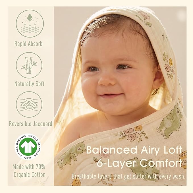 4-Piece Muslin Baby Towel Set - Made with Organic Cotton, (2) 6-Layer 32x32 Towels & (2) Washcloths, Bath, Beach & Pool Gift Set (Nature Garden & Classic Coffee)