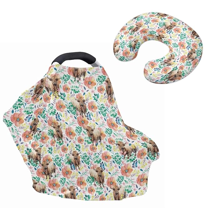 Highland Cattle Carseat Canopy for Babies Flowers Infant Stroller Covers for Boys and Girls Elegant Nursing Pillow Cover Cuddle Pillow Slipcover 2PCS