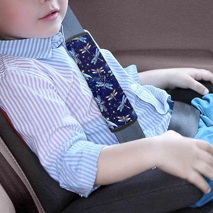 Biyejit Dragonfly Print Car Seat Belt Pillow for Kids Boys Girls, 2Pcs Car Seat Belt Cover Pad Head and Neck Support Backpack School Bag Shoulder Pads