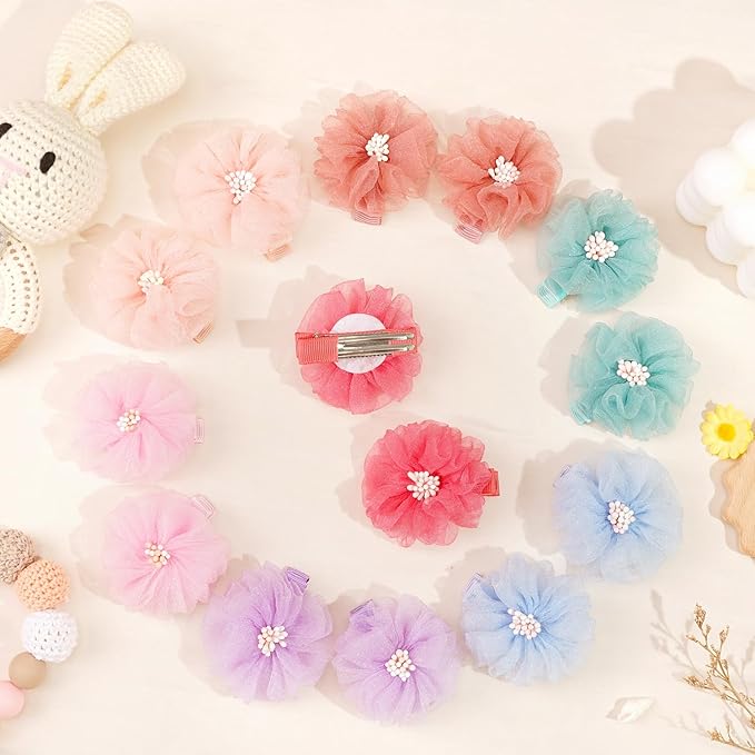 DeD 28PCS 2" Chiffon Flower Hair Clips with Pistil Tiny Hair Clips Fine Hair Accessories for Girls Infants Toddlers Set of 14 Pairs