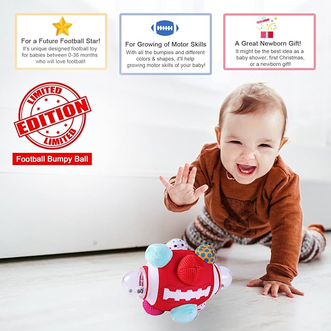 Football Bumpy Ball for Baby Cognitive Developmental, Baby Boys & Girls - Newborn to 36 Months Sensory Football Rattle Toy