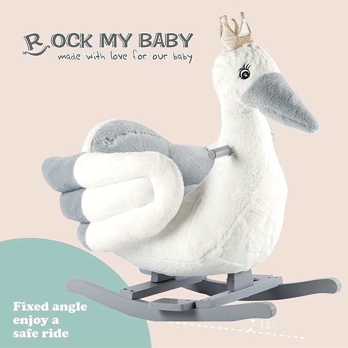 Rock My Baby Rocking Horse, Rocking Horse for Toddlers 1-3, Plush Rocking Horse with Seat, Wooden Gray Stork Ride-On Toy, (Gray Stork Bird), CPC Certified