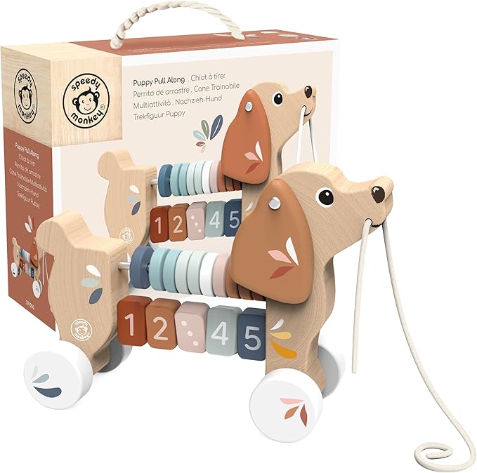 Speedy Monkey Puppy Pull Along for Toddlers 12m+ | Wooden Dog Pull Toy with Counting Numbers & Colorful Rings Abacus for Early Walkers | Gross Motor Skills & Early Learning Activity Gift for Kids