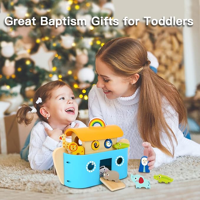 TOOKYLAND Noah's Ark Toys for Toddlers Wooden Animal Shape Sorter Toys, Baptism Gifts for Boys and Girls, Bible Story Toy with Story Book, Montessori Educational Toys for 2 3 4 Year Old