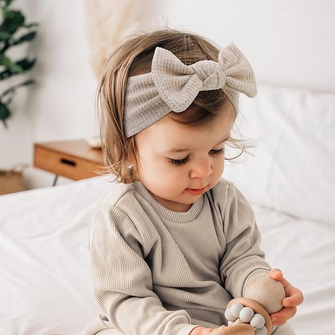 Handmade Hairbands with Bows, 4'' Baby Girls Headbands, Soft Hair Accessories for Infant Toddler, 3Pcs Dark Coffee Light Coffee Yellow